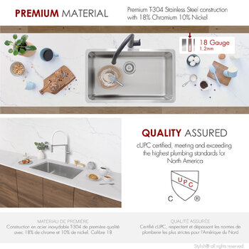 Stylish International STYLISH™ Malaga Single Bowl Dual Mount Stainless Steel Kitchen Sink with Strainer, 30" W, Premium Material