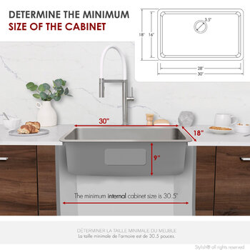 Stylish International STYLISH™ Malaga Single Bowl Dual Mount Stainless Steel Kitchen Sink with Strainer, 30" W, Dimensions
