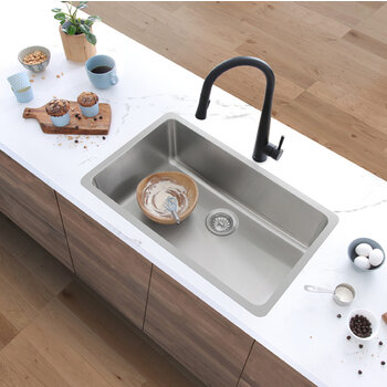 Stylish International STYLISH™ Malaga Single Bowl Dual Mount Stainless Steel Kitchen Sink with Strainer, 30" W, Installed Overhead View