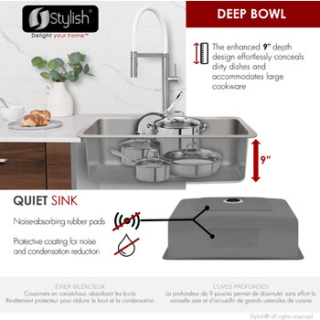 Stylish International STYLISH™ Malaga Single Bowl Dual Mount Stainless Steel Kitchen Sink with Strainer and Bottom Grid, 30" W, Deep Bowl