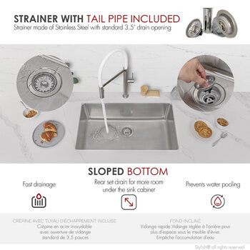Stylish International STYLISH™ Malaga Single Bowl Dual Mount Stainless Steel Kitchen Sink with Strainer and Bottom Grid, 30" W, Strainer Info