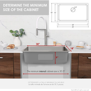 Stylish International STYLISH™ Malaga Single Bowl Dual Mount Stainless Steel Kitchen Sink with Strainer and Bottom Grid, 30" W, Dimensions