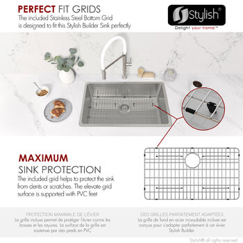 Stylish International STYLISH™ Malaga Single Bowl Dual Mount Stainless Steel Kitchen Sink with Strainer and Bottom Grid, 30" W, Perfect Fit Info