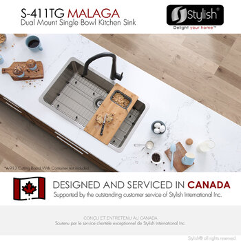 Stylish International STYLISH™ Malaga Single Bowl Dual Mount Stainless Steel Kitchen Sink with Strainer and Bottom Grid, 30" W, Design and Serviced Info