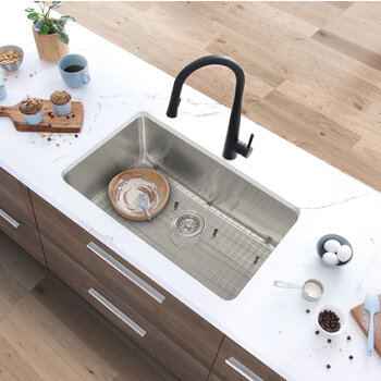 Stylish International STYLISH™ Malaga Single Bowl Dual Mount Stainless Steel Kitchen Sink with Strainer and Bottom Grid, 30" W, Installed Overhead View