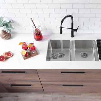 Stylish International Avila Series Double Bowl Kitchen Sink, In Use Kitchen Overhead On View