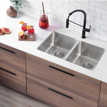 Stylish International Avila Series Double Bowl Kitchen Sink, In Use Kitchen Angle Off View