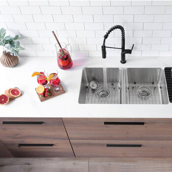 Stylish International Avila Series Double Bowl Kitchen Sink, In Use Kitchen Overhead On View w/ Grids