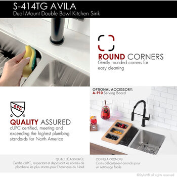 Stylish International Avila Series Double Bowl Kitchen Sink, Rounded Corners w/ Grids