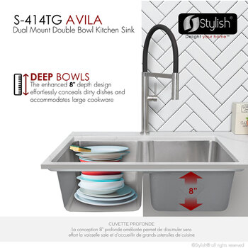 Stylish International Avila Series Double Bowl Kitchen Sink, Deep Bowls w/ Grids
