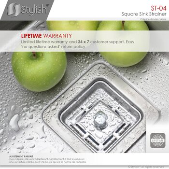 4-1/2'' Square Stainless Steel Kitchen Sink Strainer with Removable Basket, Warranty Info
