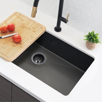 4-1/2'' Diameter Pearl Black Stainless Steel Kitchen Sink Strainer with Removable Basket, Strainer Assembly, Installed View
