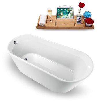 Streamline 65'' W Freestanding Oval Bathtub in White with Polished Chrome Internal Drain and FREE Natural Bamboo Wooden Tray