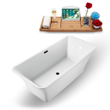 Streamline N1000 71'' Modern Rectangular Soaking Freestanding Bathtub, White Exterior, White Interior, Black Internal Drain, with Bamboo Tray