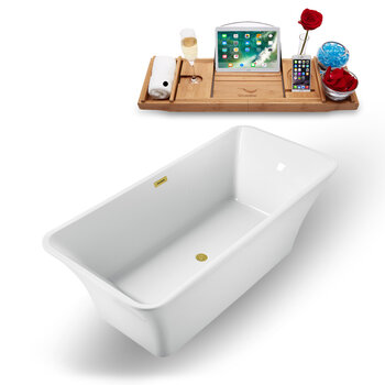Streamline N1000 71'' Modern Rectangular Soaking Freestanding Bathtub, White Exterior, White Interior, Gold Internal Drain, with Bamboo Tray