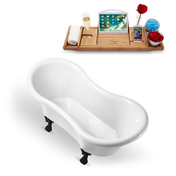 Streamline N1020 62'' Vintage Oval Soaking Clawfoot Bathtub, White Exterior, White Interior, Black Clawfoot, Gold Drain, with Bamboo Tray