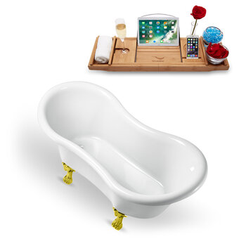 Streamline N1020 62'' Vintage Oval Soaking Clawfoot Bathtub, White Exterior, White Interior, Gold Clawfoot, Gold Drain, with Bamboo Tray