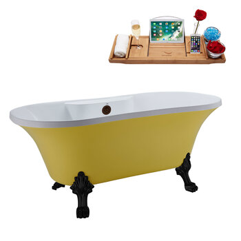 Streamline N104 60'' Vintage Oval Soaking Clawfoot Tub, Yellow Exterior, White Interior, Black Clawfoot, ORB External Drain, w/ Bamboo Tray