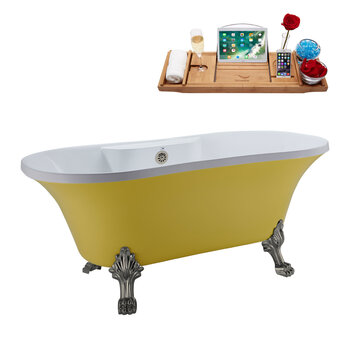 Streamline N104 60'' Vintage Oval Soaking Clawfoot Bathtub, Yellow Exterior, White Interior, Nickel Clawfoot, Nickel External Drain, w/ Tray