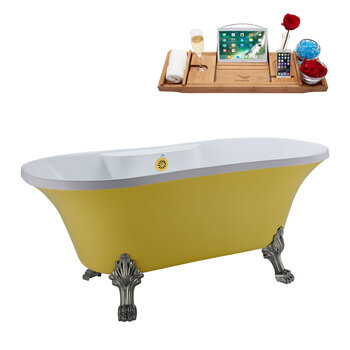 Streamline N104 60'' Vintage Oval Soaking Clawfoot Bathtub, Yellow Exterior, White Interior, Nickel Clawfoot, Gold External Drain, w/ Tray