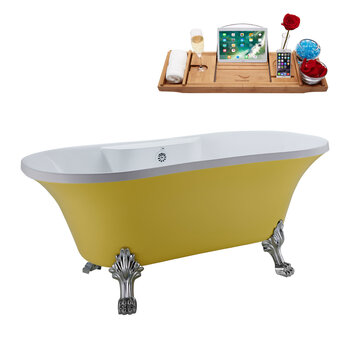 Streamline N104 60'' Vintage Oval Soaking Clawfoot Bathtub, Yellow Exterior, White Interior, Chrome Clawfoot, Chrome External Drain, w/ Tray