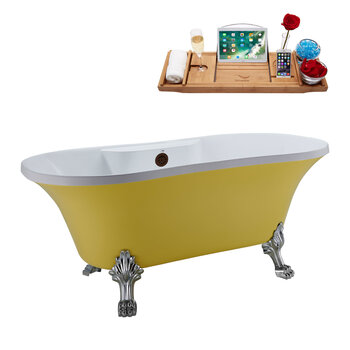 Streamline N104 60'' Vintage Oval Soaking Clawfoot Tub, Yellow Exterior, White Interior, Chrome Clawfoot, ORB External Drain, w/ Bamboo Tray
