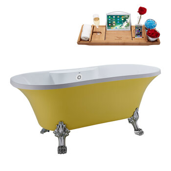 Streamline N104 60'' Vintage Oval Soaking Clawfoot Bathtub, Yellow Exterior, White Interior, Chrome Clawfoot, White External Drain, w/ Tray