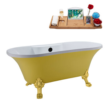 Streamline N104 60'' Vintage Oval Soaking Clawfoot Bathtub, Yellow Exterior, White Interior, Gold Clawfoot, Black External Drain, w/ Tray