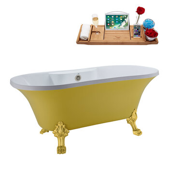 Streamline N104 60'' Vintage Oval Soaking Clawfoot Bathtub, Yellow Exterior, White Interior, Gold Clawfoot, Nickel External Drain, w/ Tray