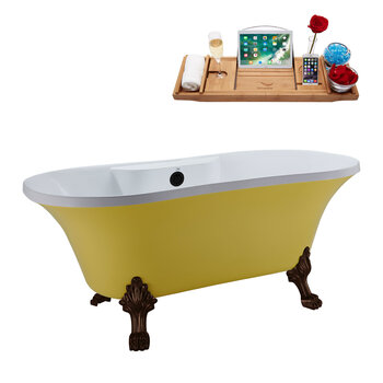 Streamline N104 60'' Vintage Oval Soaking Clawfoot Tub, Yellow Exterior, White Interior, Oil Rubbed Bronze Clawfoot, Black External Drain, w/ Tray