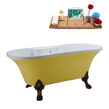 Streamline N104 60'' Vintage Oval Soaking Clawfoot Tub, Yellow Exterior, White Interior, Oil Rubbed Bronze Clawfoot, White External Drain, w/ Tray