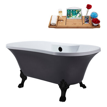 Streamline N105 60'' Vintage Oval Soaking Clawfoot Bathtub, Grey Exterior, White Interior, Black Clawfoot, Black External Drain, w/ Tray