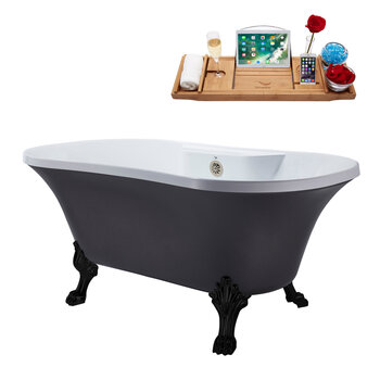Streamline N105 60'' Vintage Oval Soaking Clawfoot Bathtub, Grey Exterior, White Interior, Black Clawfoot, Nickel External Drain, w/ Tray