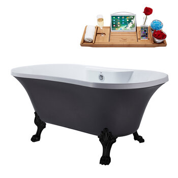 Streamline N105 60'' Vintage Oval Soaking Clawfoot Bathtub, Grey Exterior, White Interior, Black Clawfoot, Chrome External Drain, w/ Tray
