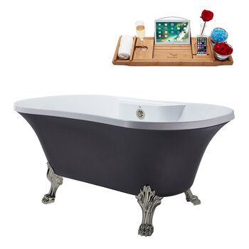 Streamline N105 60'' Vintage Oval Soaking Clawfoot Bathtub, Grey Exterior, White Interior, Nickel Clawfoot, Nickel External Drain, w/ Tray
