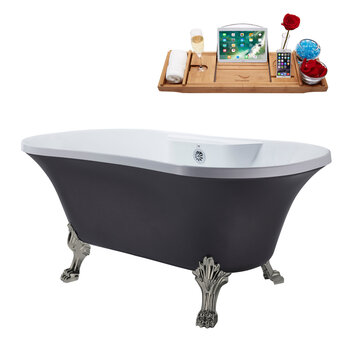 Streamline N105 60'' Vintage Oval Soaking Clawfoot Bathtub, Grey Exterior, White Interior, Nickel Clawfoot, Chrome External Drain, w/ Tray