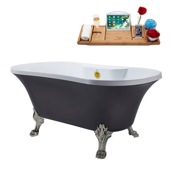 Streamline N105 60'' Vintage Oval Soaking Clawfoot Bathtub, Grey Exterior, White Interior, Nickel Clawfoot, Gold External Drain, w/ Tray