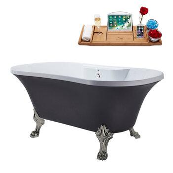 Streamline N105 60'' Vintage Oval Soaking Clawfoot Bathtub, Grey Exterior, White Interior, Nickel Clawfoot, White External Drain, w/ Tray
