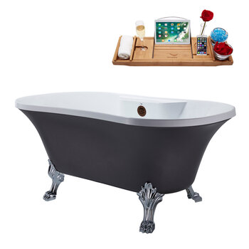 Streamline N105 60'' Vintage Oval Soaking Clawfoot Tub, Grey Exterior, White Interior, Chrome Clawfoot, Oil Rubbed Bronze External Drain, w/ Tray