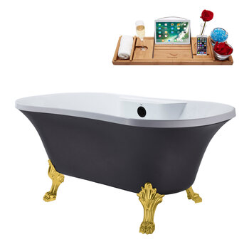 Streamline N105 60'' Vintage Oval Soaking Clawfoot Bathtub, Grey Exterior, White Interior, Gold Clawfoot, Black Internal External Drain, w/ Tray