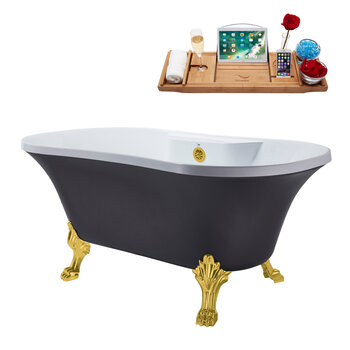 Streamline N105 60'' Vintage Oval Soaking Clawfoot Bathtub, Grey Exterior, White Interior, Gold Clawfoot, Gold Internal External Drain, w/ Tray