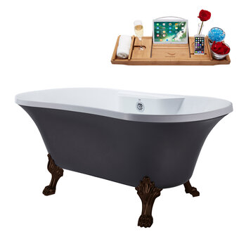 Streamline N105 60'' Vintage Oval Soaking Clawfoot Tub, Grey Exterior, White Interior, Oil Rubbed Bronze Clawfoot, Chrome External Drain, w/ Tray