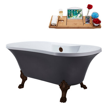 Streamline N105 60'' Vintage Oval Soaking Clawfoot Tub, Grey Exterior, White Interior, Oil Rubbed Bronze Clawfoot, ORB External Drain, w/ Bamboo Tray