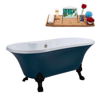 Streamline N106 60'' Vintage Oval Soaking Clawfoot Bathtub, Light Blue Exterior, White Interior, Black Clawfoot, Nickel External Drain, w/ Tray