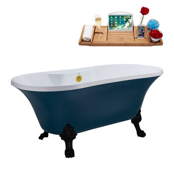 Streamline N106 60'' Vintage Oval Soaking Clawfoot Bathtub, Light Blue Exterior, White Interior, Black Clawfoot, Gold External Drain, w/ Tray