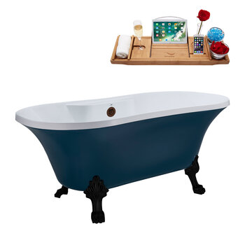 Streamline N106 60'' Vintage Oval Soaking Clawfoot Tub, Light Blue Exterior, White Interior, Black Clawfoot, Oil Rubbed Bronze External Drain, w/ Tray