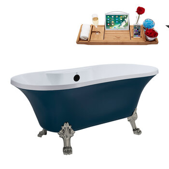 Streamline N106 60'' Vintage Oval Soaking Clawfoot Bathtub, Light Blue Exterior, White Interior, Nickel Clawfoot, Black External Drain, w/ Tray