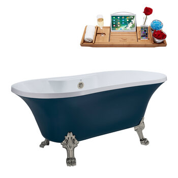 Streamline N106 60'' Vintage Oval Soaking Clawfoot Bathtub, Light Blue Exterior, White Interior, Nickel Clawfoot, Nickel External Drain, w/ Tray