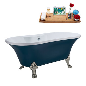Streamline N106 60'' Vintage Oval Soaking Clawfoot Bathtub, Light Blue Exterior, White Interior, Nickel Clawfoot, Chrome External Drain, w/ Tray