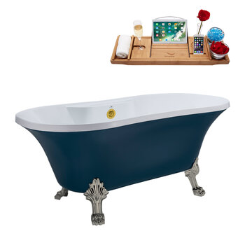 Streamline N106 60'' Vintage Oval Soaking Clawfoot Bathtub, Light Blue Exterior, White Interior, Nickel Clawfoot, Gold External Drain, w/ Tray